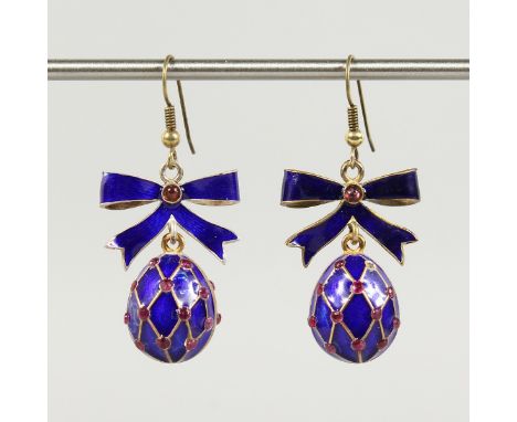 A GOOD PAIR OF RUSSIAN BLUE ENAMEL EGG EARRINGS with bows.
