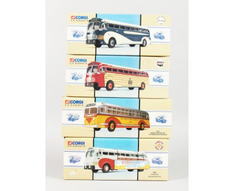 A SET OF FOUR CORGI CLASSICS VINTAGE BUSES USA DIECAST. RRP: £25 each.