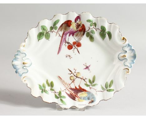 A CHELSEA SILVER SHAPED OVAL DISH painted with birds, red anchor mark.