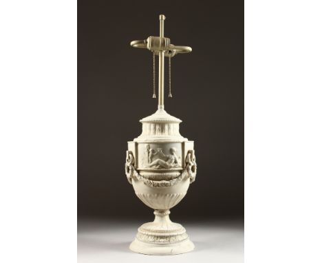 A BISQUE CLASSICAL URN LAMP on a circular base. 20ins high.
