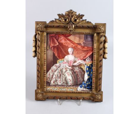 A SUPERB 18TH - 19TH CENTURY FRENCH ENAMEL PORTRAIT PLAQUE OF QUEEN MARIE LESZCZYNSKA, wife of Louis XV, sitting in a chair, 