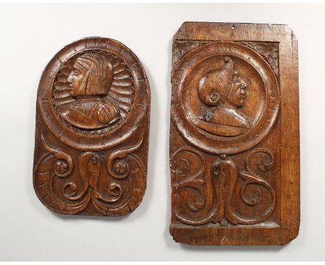 TWO 18TH / 19TH CENTURY CARVED OAK ROMAYNE PANELS, depicting portrait bust and scrollwork. 16.5ins x 9.5ins and 13ins x 8.5in