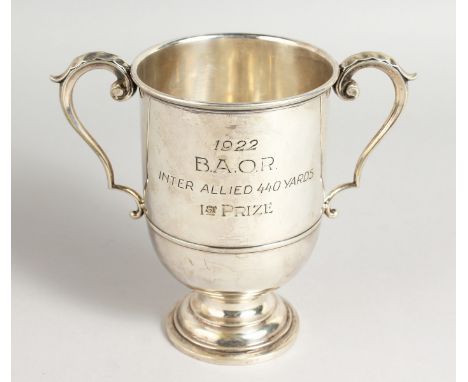 A CONTINENTAL SILVER TWIN-HANDLED TROPHY CUP, engraved 1922 BAOR (British Army of the Rhine), INTER ALLIED 440 YARD, 1ST PRIZ