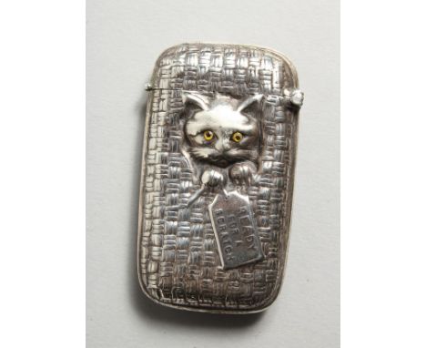 A SILVER CAT IN A BASKET VESTA CASE.