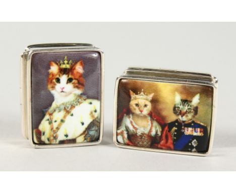 TWO SILVER AND ENAMEL CAT PILL BOXES.