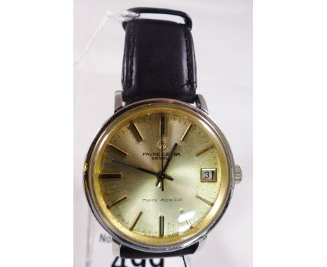 FAVRE LEUBA WATCH. Gents Favre Leuba mechanical twin power vintage stainless steel wristwatch with gold dial