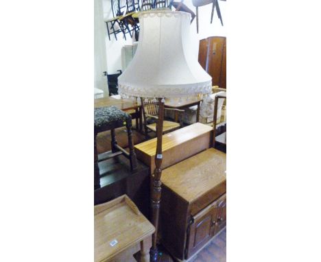 STANDARD LAMP. Large free standing turned wood standard lamp with shade 