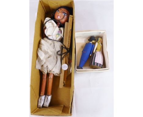 PUPPET AND DOLLS. Pelham puppet and two small wooden dolls