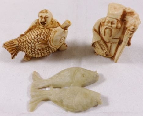 NETSUKES. Two antique carved bone netsuke and a carved soapstone netsuke