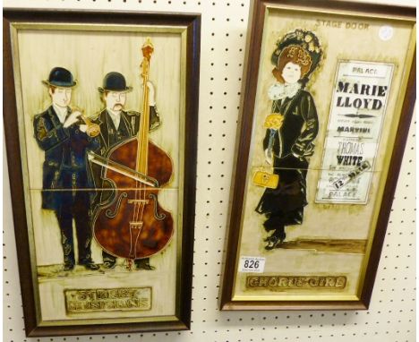 Two framed Majolica decorative ceramic tiles, chorus girls and street musicians