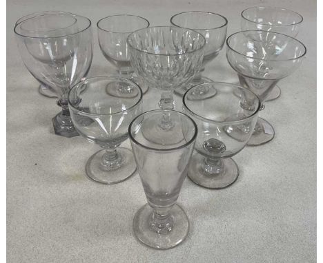 Nine 19th century glass rummers, one with octagonal cut foot, four with knopped stems, one with facet baluster cut stem and a