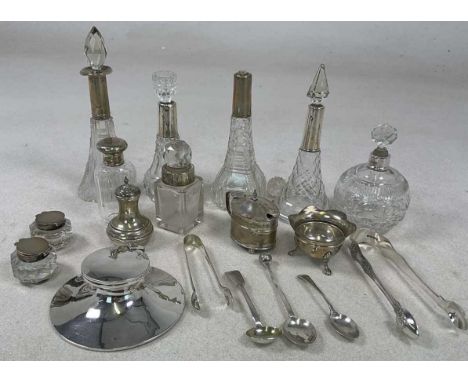 A group of small silver including a loaded Capstan type inkwell, Birmingham 1908, various cruets, sugar tongs, glass and silv