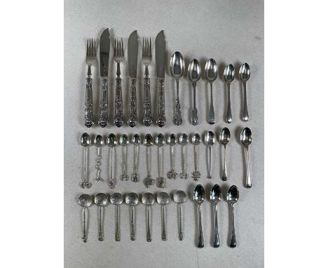 A quantity of silver flatware, including a set of three Edwardian hallmarked silver sheath handled and silver bladed fish kni