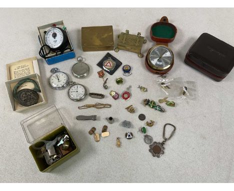 A group of collectors' items, including stop watch, Heuer stop watch, brass stamp box, silver gilt cufflinks, a Manilla, etc.