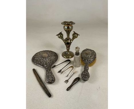A group of small silver including a loaded three branch epergne, Birmingham 1926, part dressing table set, two pairs of sugar