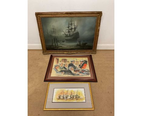 Three pictures, comprising an oil on canvas, moored galleons, 60 x 89cm, framed, together with a pastel court case scene and 