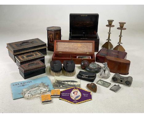A group of collectors' items, including metal money boxes, pair of Aesthetic Movement brass candlesticks, Chinese lacquer box