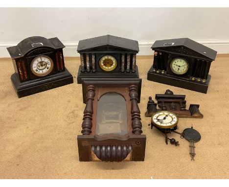 Three 19th century slate mantel clocks, also a mahogany cased wall clock, largest 47 x 36 x 18cm.