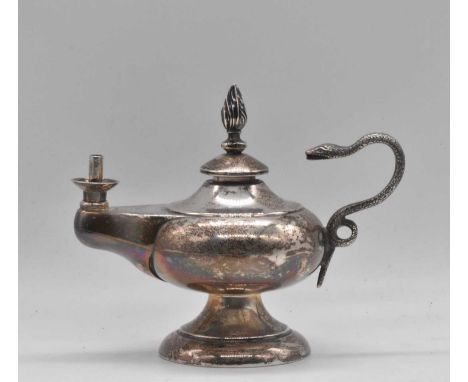 DEAKIN &amp; FRANCIS; a George V hallmarked silver table lighter modelled as an antique lamp, with serpent handle and detacha