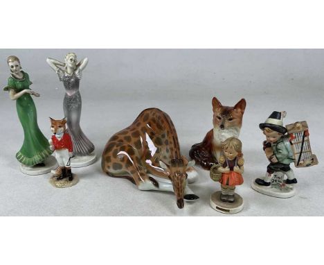 A group of mixed ceramic figures, comprising a Lomonosov giraffe, a Beswick fox, a Goebel school girl, a Friedal Tyrolean boy