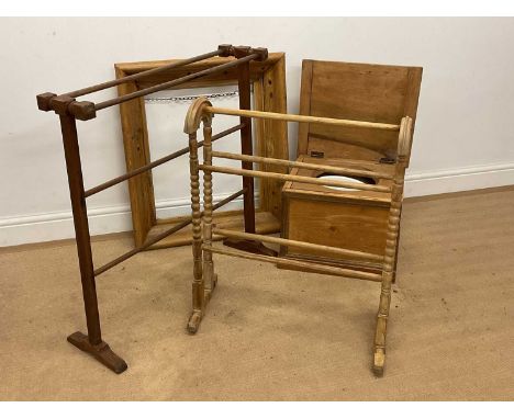 Two wooden towel rails, pine mirror/picture frame, 74 x 64cm, and a pine chamber pot stand.