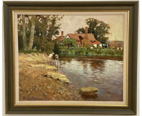 † JOHN HASKINS; oil on board, 'Fishing for Tiddlers at Home Farm', signed, titled verso, 48 x 59cm, framedCondition Report: T