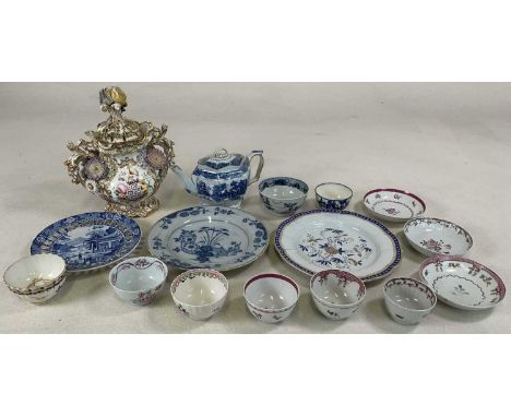 An early to mid 19th century Pearlware teapot, decorated with a landscape, a late 18th century Delft plate, a mid 19th centur