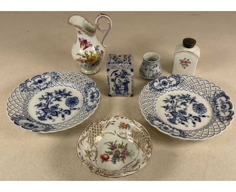 DRESDEN; a floral decorated jug and similarly decorated bowl, a pair of blue and white pierced cabinet plates with oval stamp