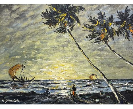 K Jinadasa (Sri Lankan 20th century): Sunset on the Coast, oil on canvas board signed 29cm x 38cm 