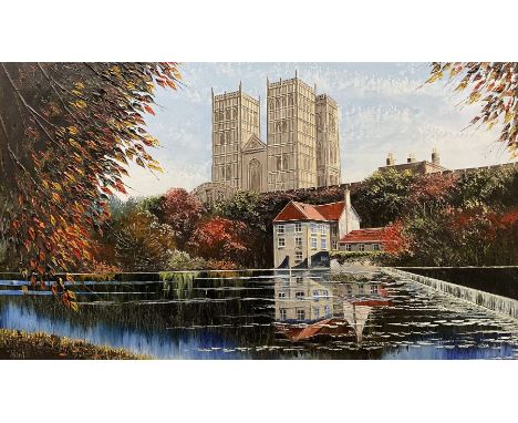 Dallas K Taylor (British 1941-2011): Durham Cathedral from the River, oil on canvas board signed 45cm x 76cm 