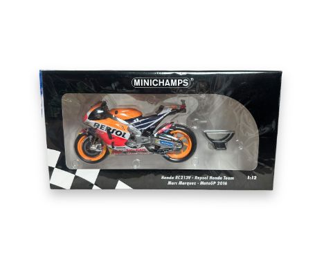 Minichamps 1/12th scale Honda RC213V 2016 M Marquez No. 122 161193, generally excellent in excellent window box including inn