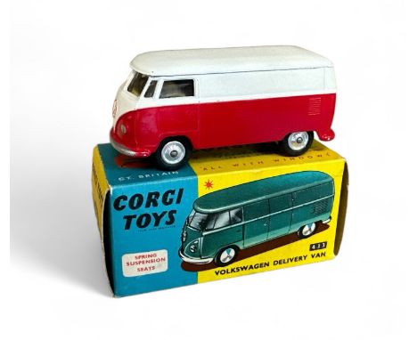 Corgi Volkswagen Delivery Van two-tone white and red with lemon interior No. 433, generally excellent in excellent to good pl
