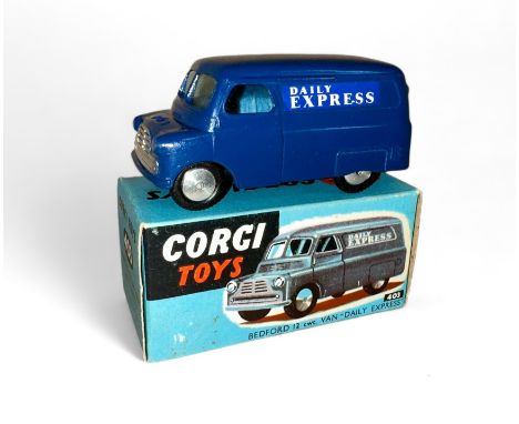 Corgi Bedford Van Daily Express No. 403, dark blue, flat hubs, Daily Express decals to both sides and folded colour leaflet, 