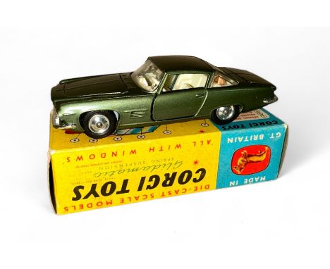 Corgi Ghia L64 No. 241, metallic olive, cream interior, spun hubs and folded leaflet, generally excellent in excellent to goo