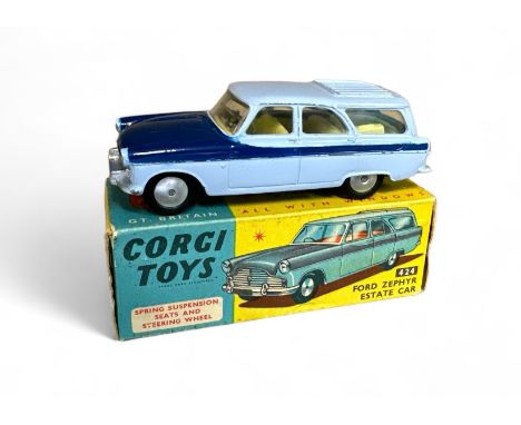 Corgi Ford Zephyr Estate Car No. 424, two-tone light and dark blue, lemon interior and flat hubs, generally excellent in good