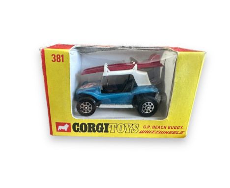 Corgi GP Beach Buggy No. 381, generally excellent in good plus box (light crushing to cellophane), metallic blue with flower 