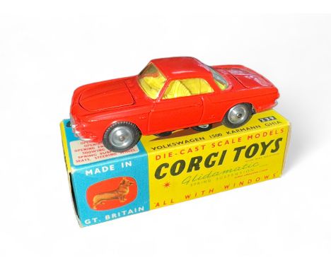 Corgi Volkswagen 1500 Karmann Ghia No. 239, generally excellent in good plus box, red with yellow interior, spare wheel, smal