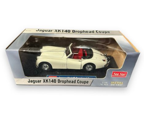 Sun Star 1/18th scale Jaguar XK140 Drophead Coupe (hood down) white with red interior No. 2803, generally excellent (fitted t