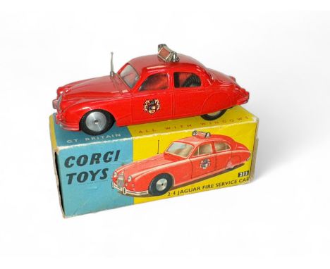 Corgi Jaguar 2.4 Litre Fire Service No. 213, generally excellent in good blue and yellow box, aerial, Fire roof box, flat spu
