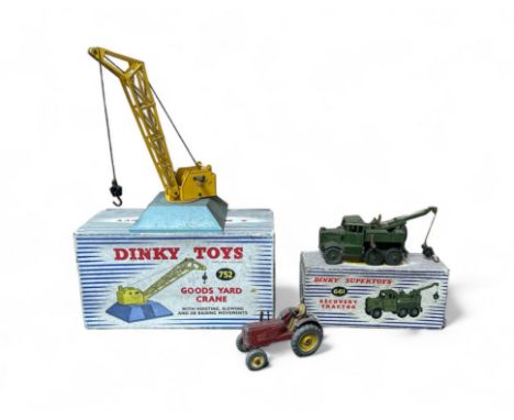 Dinky 1950s onwards trio, generally good plus in good (some corrosion) or better boxes, with Goods Yard Crane No. 752 and Mil