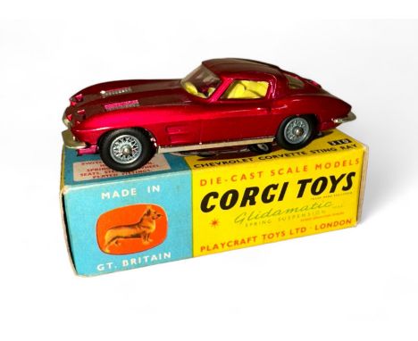 Corgi Chevrolet Corvette Stingray No. 310, metallic Cerise, lemon interior, wire wheel-style hubs and folded leaflet, general