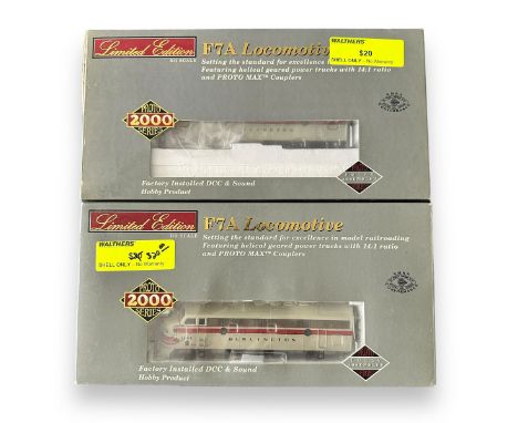 HO Proto 2000 series (Walthers) pair of CB &amp; Q 168-C F7A locomotive with Mars Light No. 920-40609, shell-only label on bo