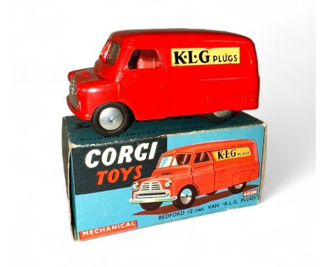 Corgi Bedford Van KLG Plugs No. 403M, red, flat hubs, KLG Plugs decals (some minor wear) to both sides and folded colour leaf