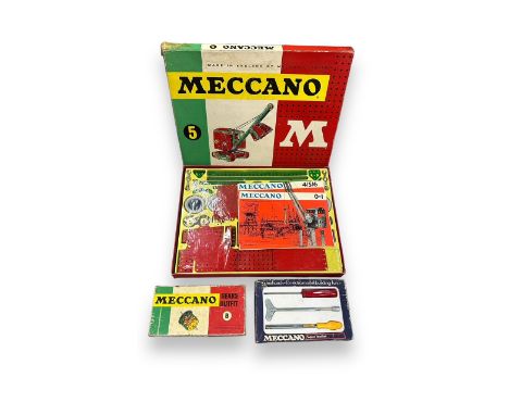 Meccano 1950s onwards green and red No.5 and Gear Set B, plus 3-piece Super Tool Set, generally excellent to good plus in goo