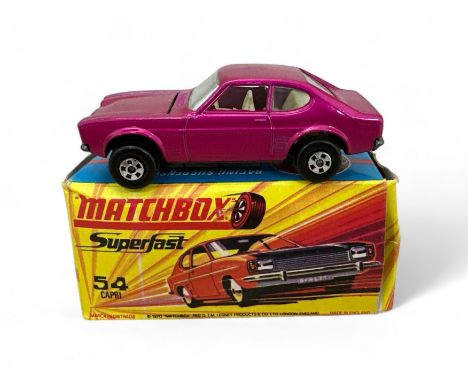 Matchbox 1-75 series Superfast Ford Capri metallic cerise with off-white interior 5-slot wheels with towbar No. 54, generally