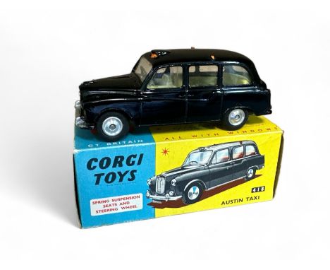 Corgi Austin London Taxi No. 418, generally excellent to good plus (some paint loss to orange lights) in good plus blue and y