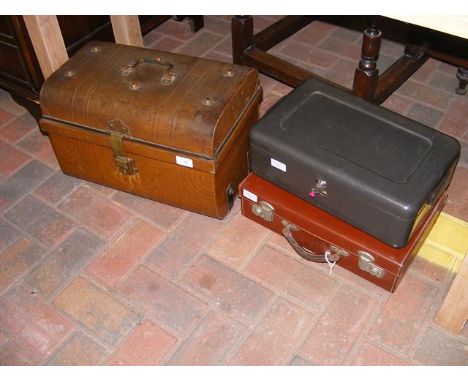 A vintage metal trunk, together with leather briefcase and modern lock box 