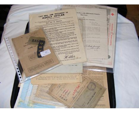 Sundry First and Second World War ephemera, including spoof Last Will and Testament of Adolf Hitler, etc. 