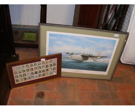 A set of Royal Airmail 'Kings and Queens of England' stamps - framed and glazed - together with a print entitled 'Touchdown' 