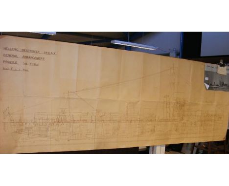 A 1/4 inch to 1ft scale Architect's drawing of the Hellenic Destroyer 'Ireax', together with a photocopy picture of the finis